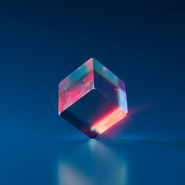 A cube at equillibrium in a blue background
